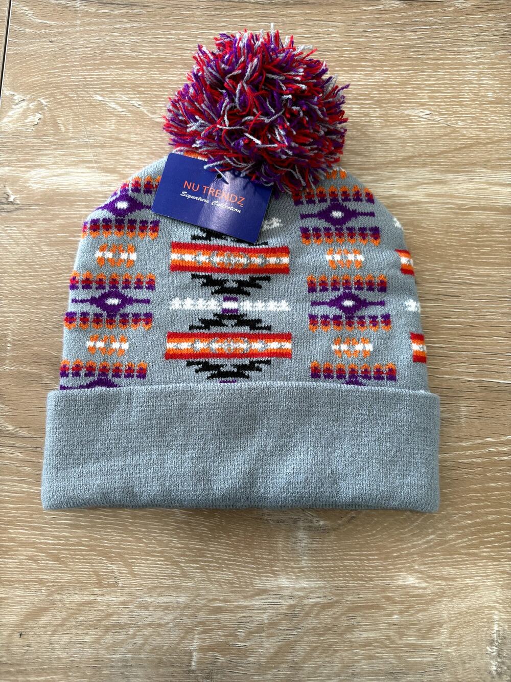 Nu Trendz Signature Collection Southwestern Print Knit Pom Beanie Hat Grey NWT